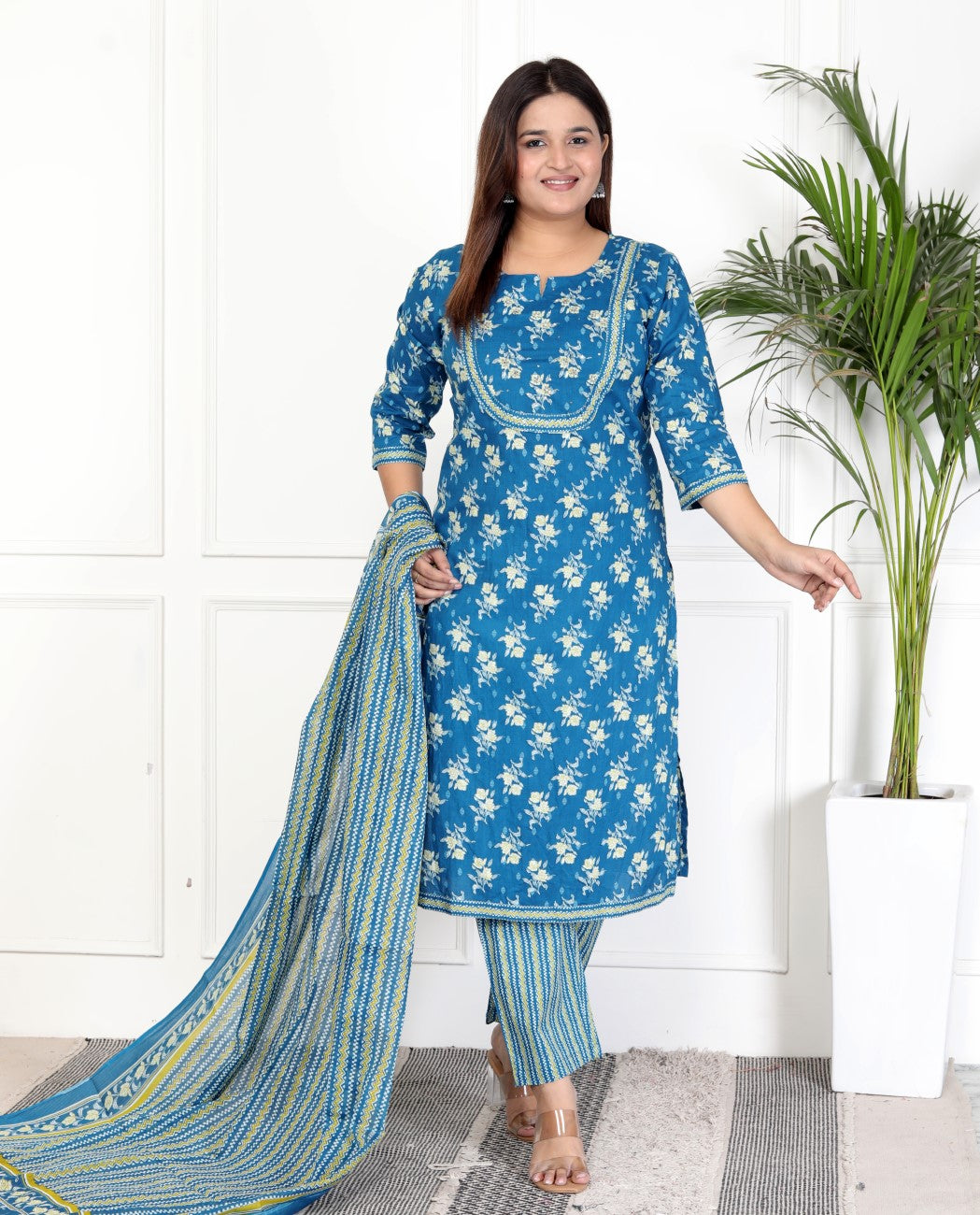 Blue Cotton Kurta Pant Set with Dupatta-800070