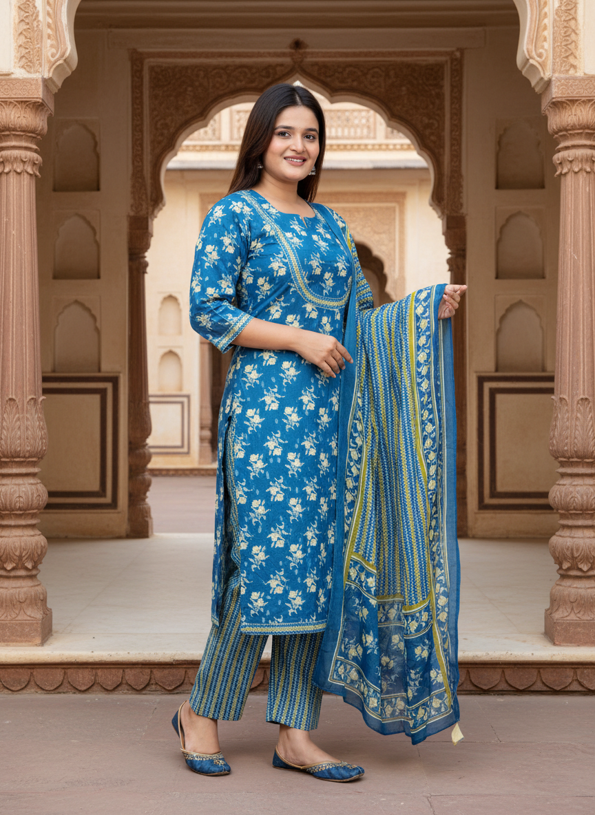 Blue Cotton Kurta Pant Set with Dupatta-800070