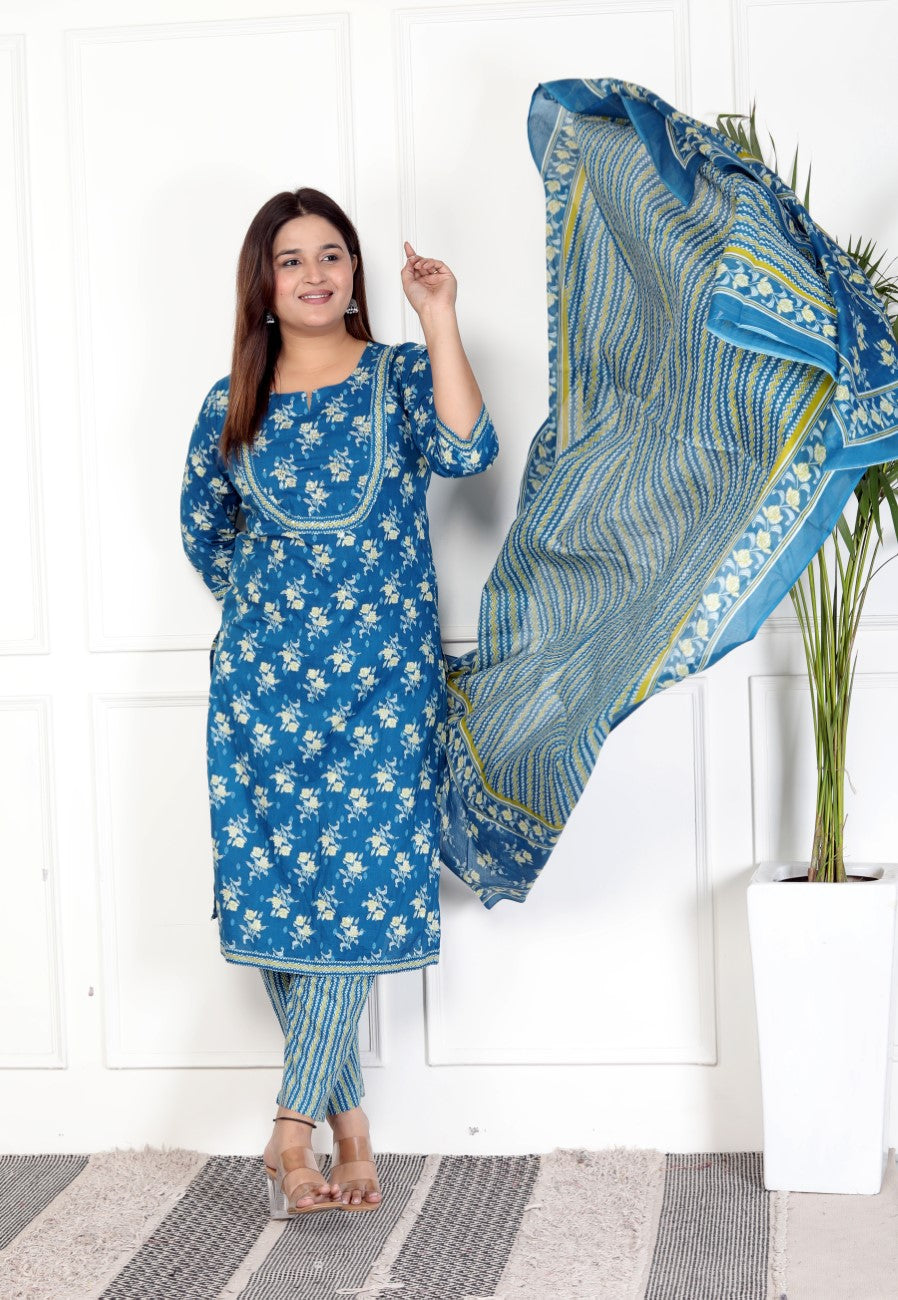 Blue Cotton Kurta Pant Set with Dupatta-800070