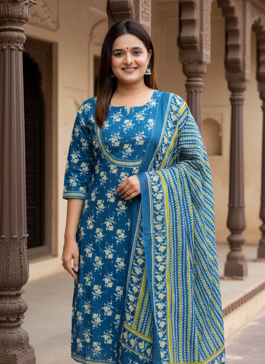 Blue Cotton Kurta Pant Set with Dupatta-800070