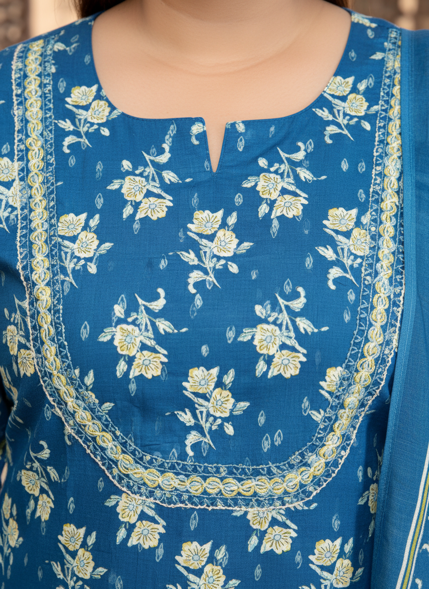 Blue Cotton Kurta Pant Set with Dupatta-800070