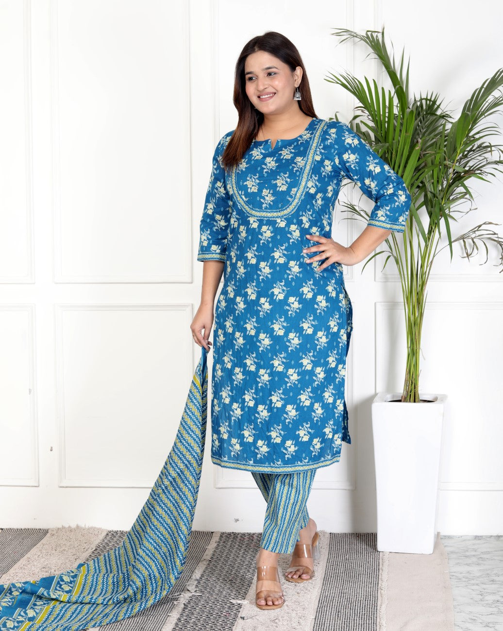 Blue Cotton Kurta Pant Set with Dupatta-800070