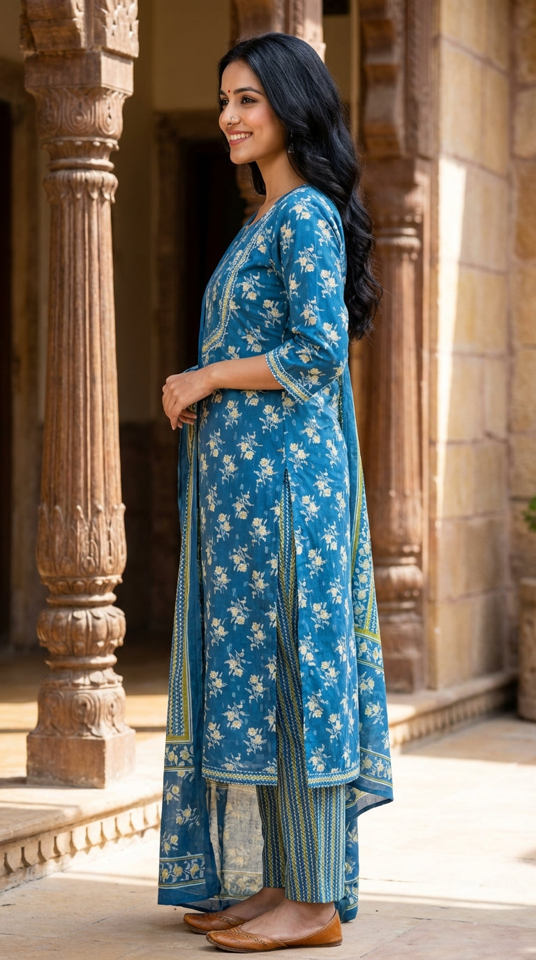 Blue Cotton Kurta Pant Set with Dupatta-800070