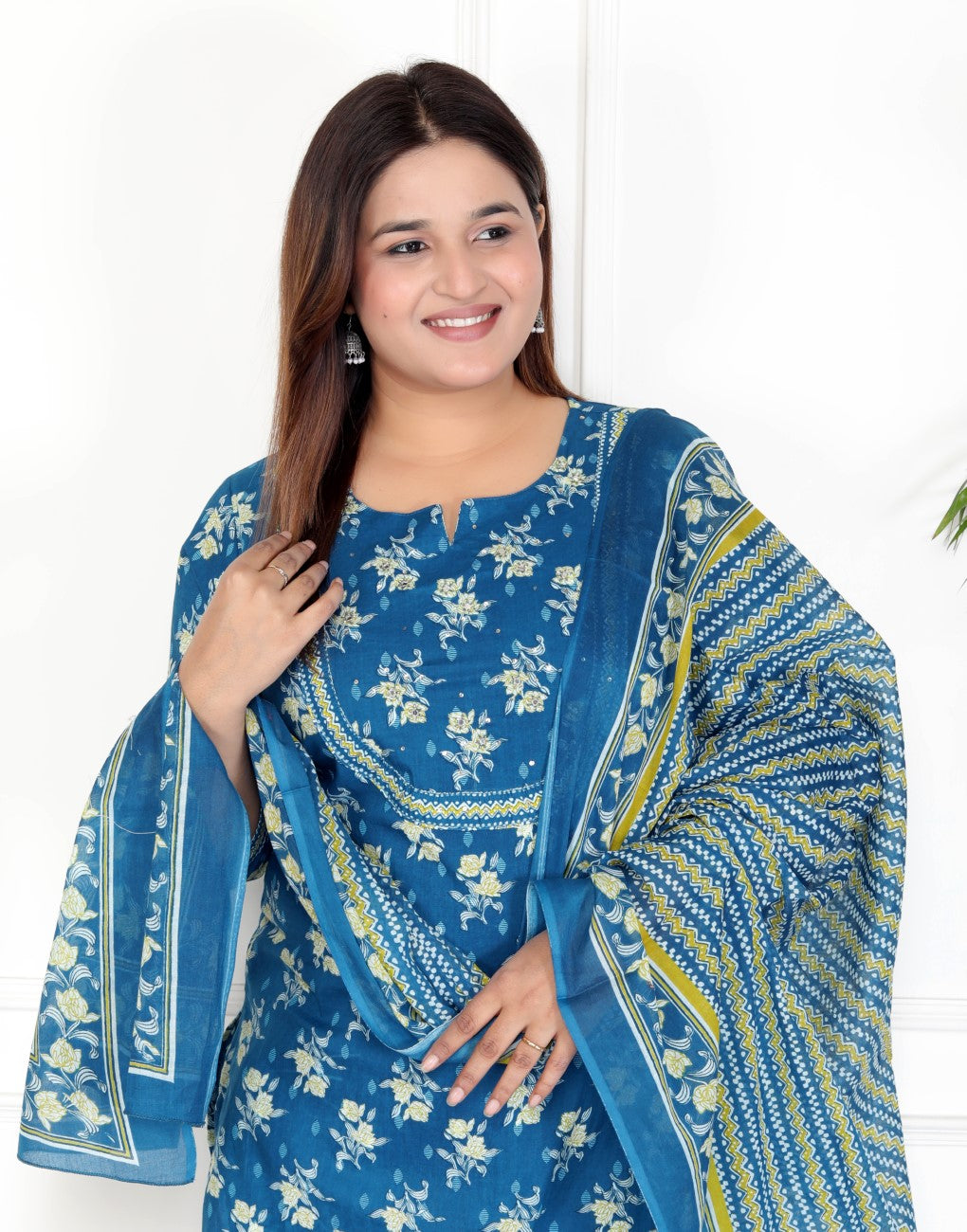 Blue Cotton Kurta Pant Set with Dupatta-800070