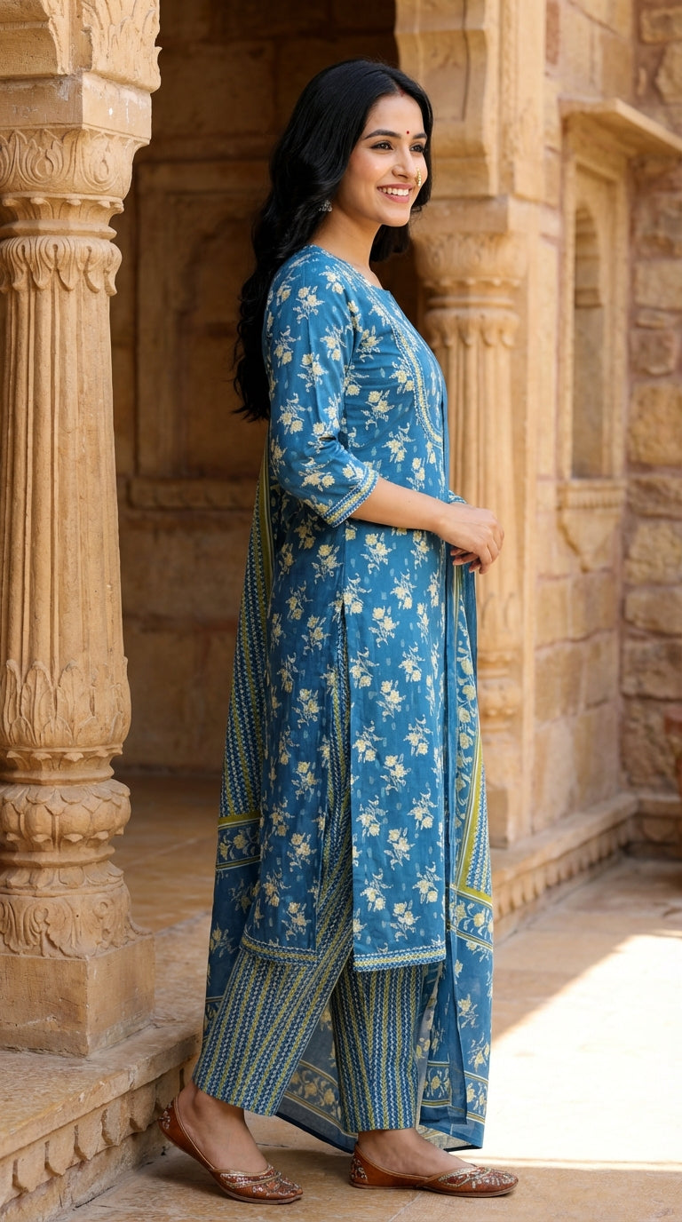 Blue Cotton Kurta Pant Set with Dupatta-800070