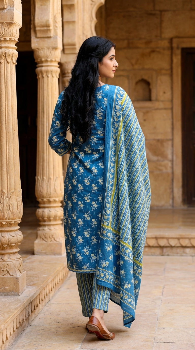 Blue Cotton Kurta Pant Set with Dupatta-800070