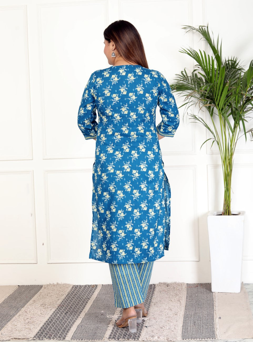 Blue Cotton Kurta Pant Set with Dupatta-800070
