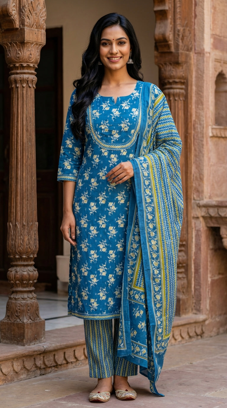 Blue Cotton Kurta Pant Set with Dupatta-800070