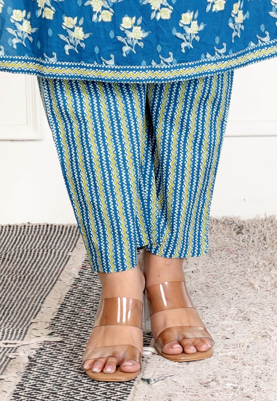 Blue Cotton Kurta Pant Set with Dupatta-800070