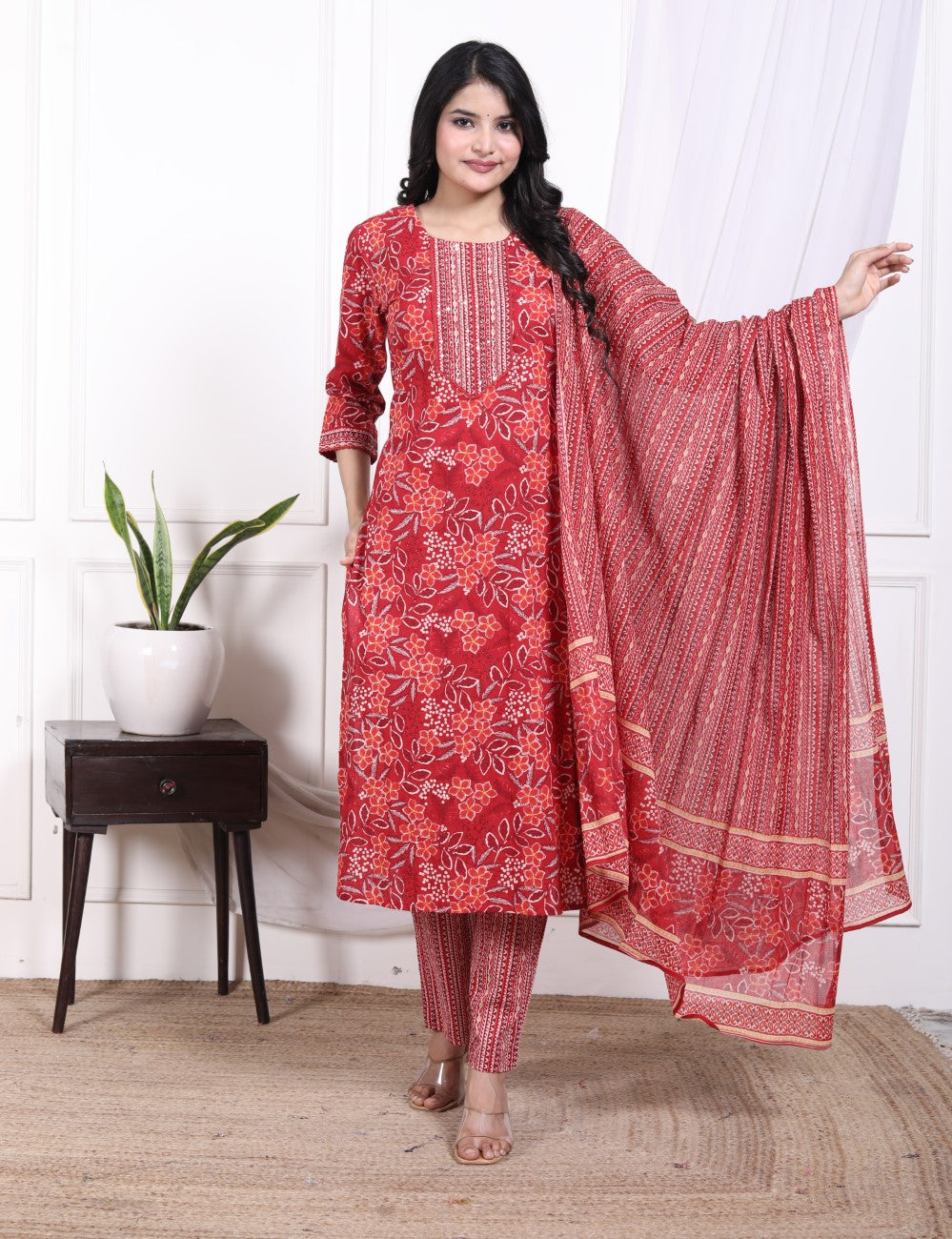Red Cotton Kurta Pant Set with Dupatta-800075