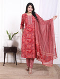 Red Cotton Kurta Pant Set with Dupatta-800075