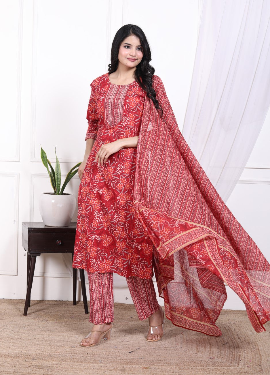 Red Cotton Kurta Pant Set with Dupatta-800075