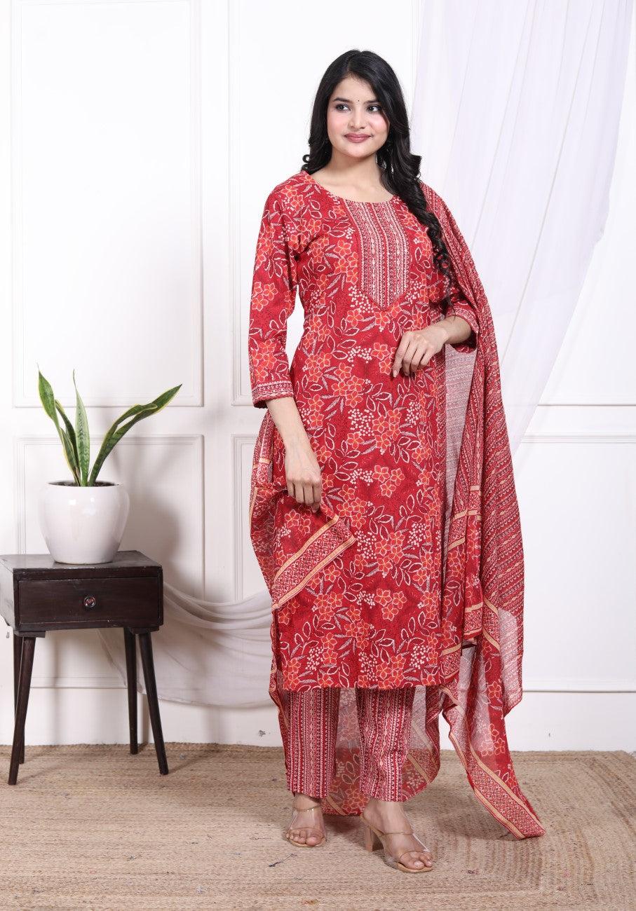 Red Cotton Kurta Pant Set with Dupatta-800075