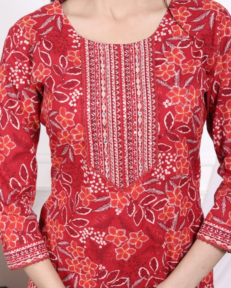 Red Cotton Kurta Pant Set with Dupatta-800075