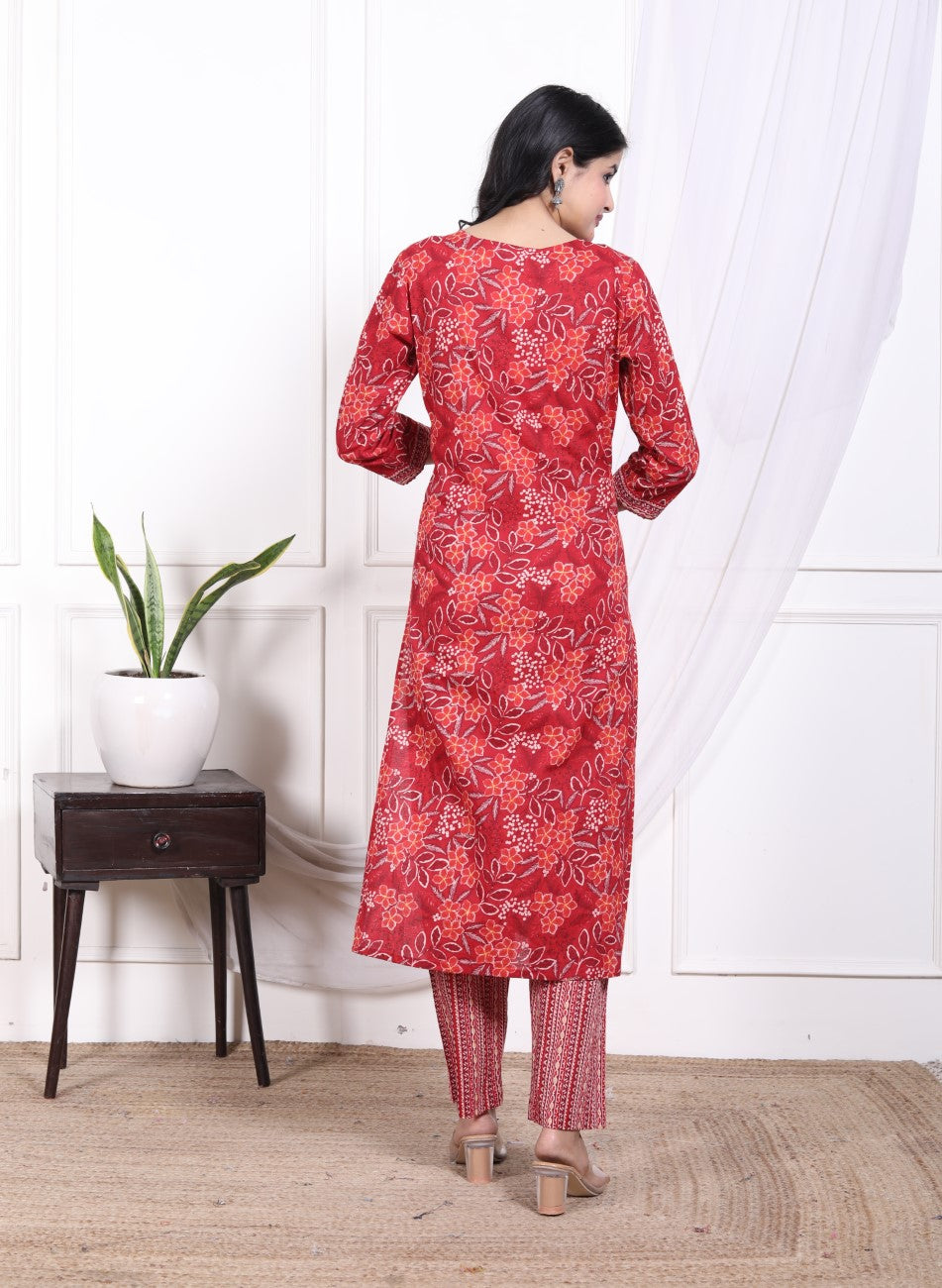 Red Cotton Kurta Pant Set with Dupatta-800075