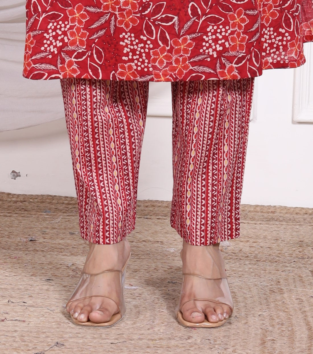 Red Cotton Kurta Pant Set with Dupatta-800075