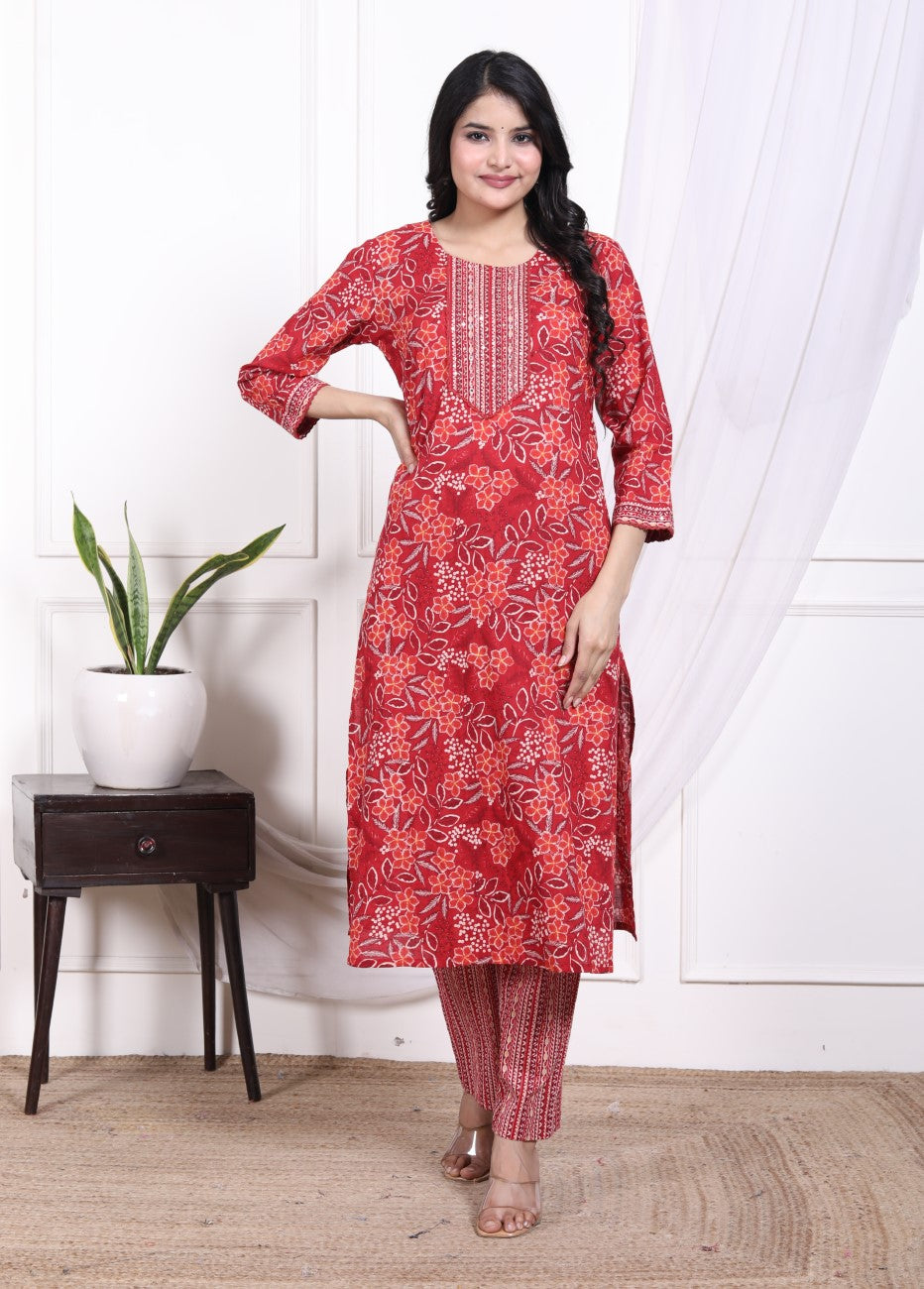Red Cotton Kurta Pant Set with Dupatta-800075