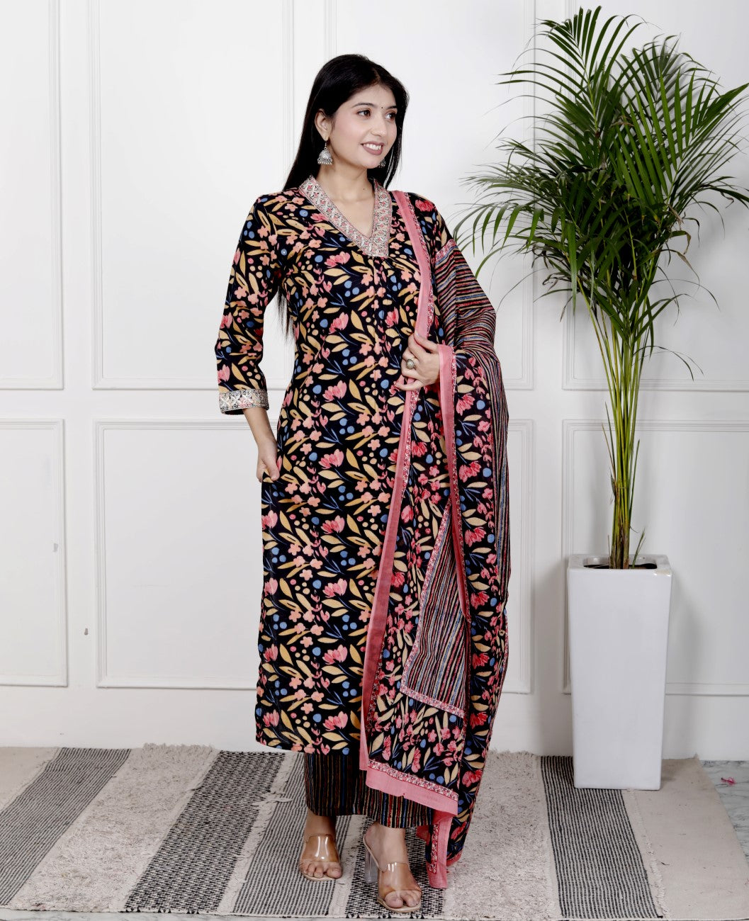 Black Cotton Kurta Pant Set with Dupatta-800078