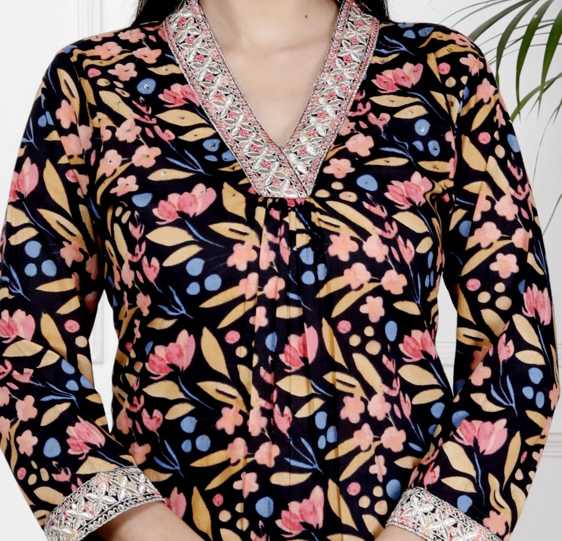 Black Cotton Kurta Pant Set with Dupatta-800078