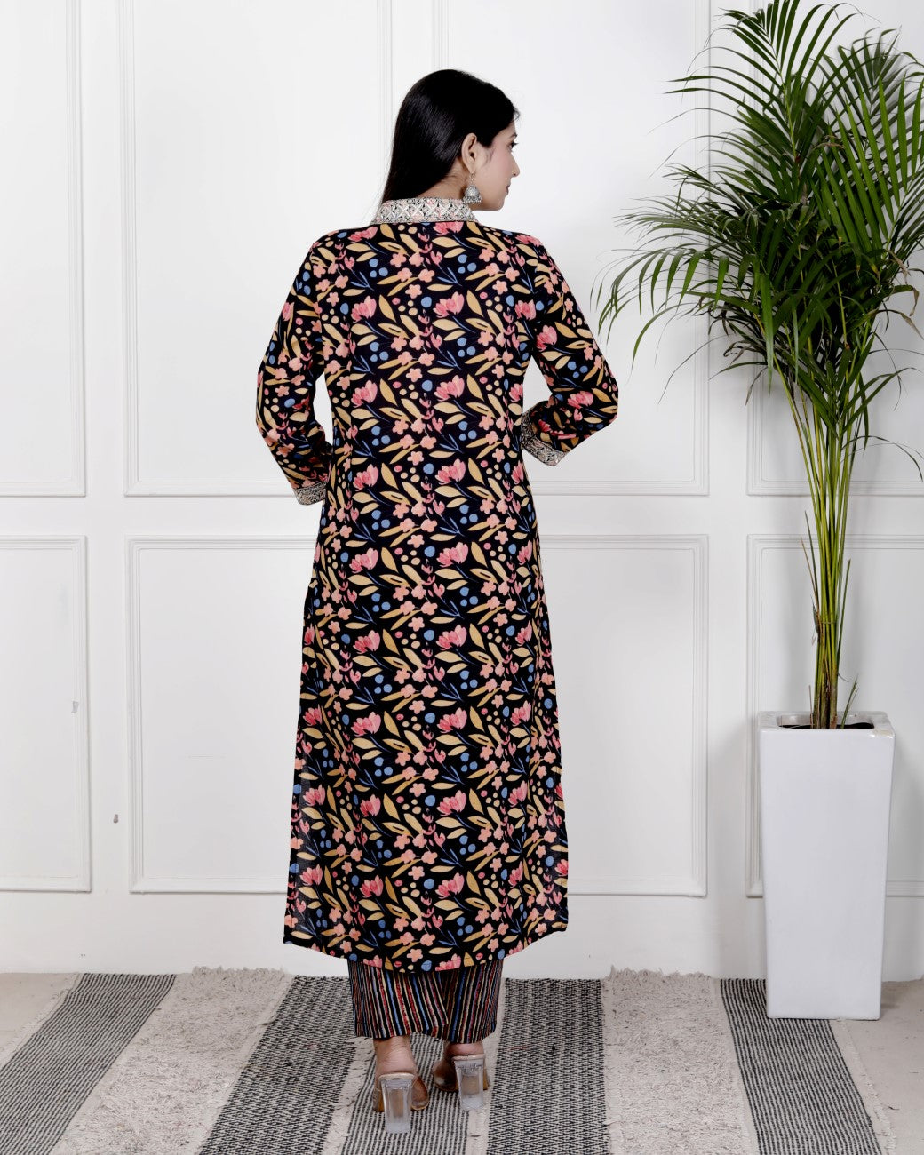 Black Cotton Kurta Pant Set with Dupatta-800078