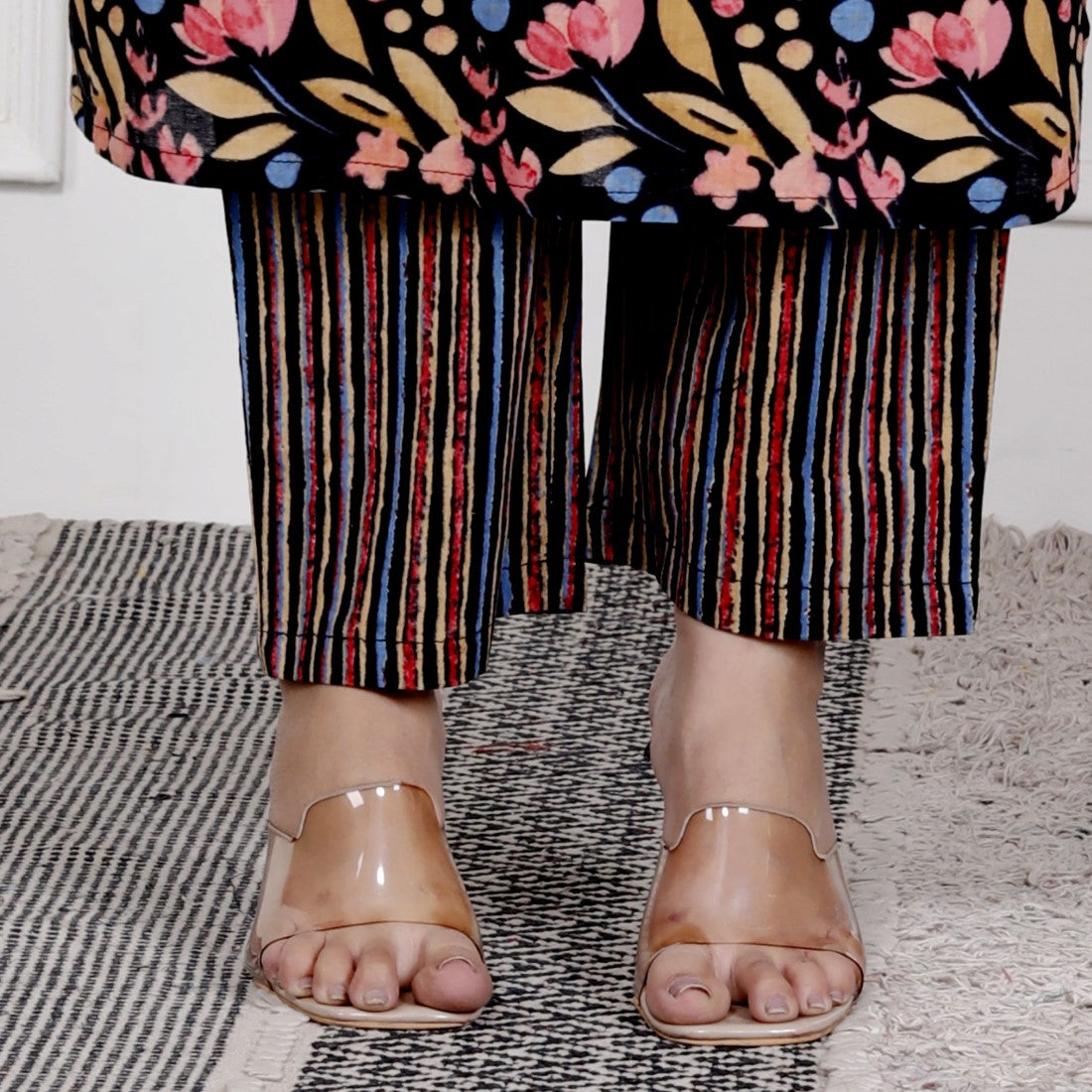 Black Cotton Kurta Pant Set with Dupatta-800078