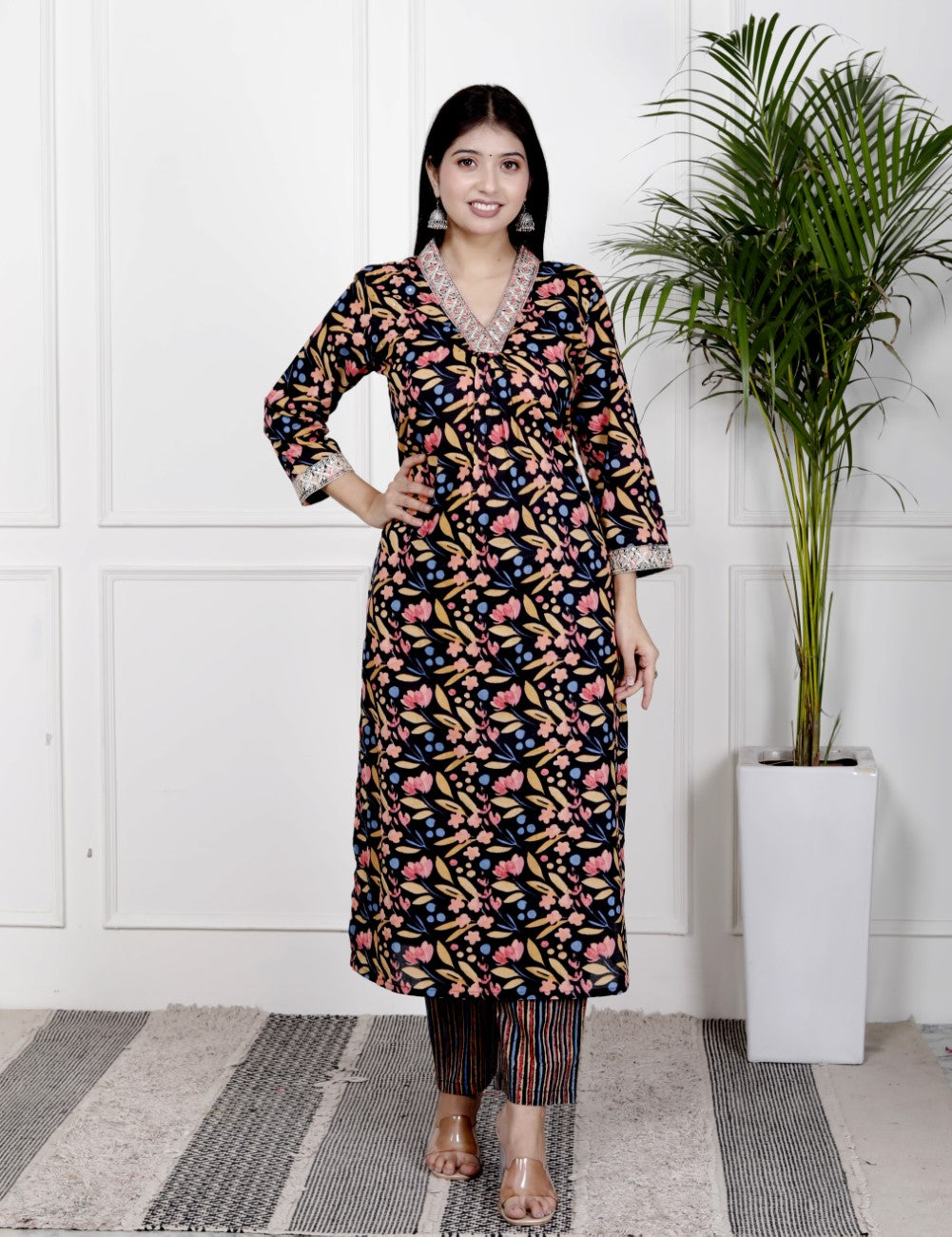 Black Cotton Kurta Pant Set with Dupatta-800078