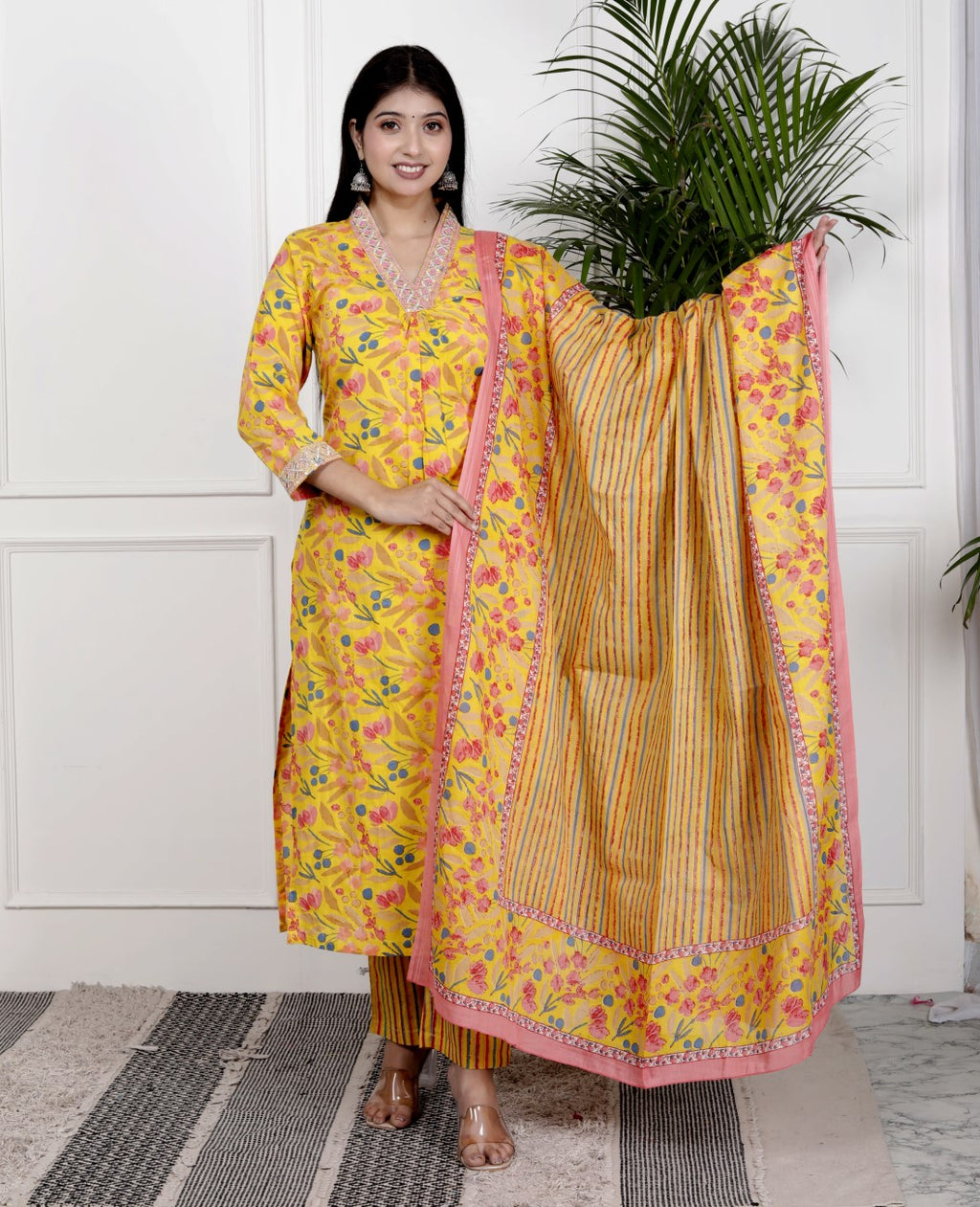 Yellow Cotton Kurta Pant Set with Dupatta-800078