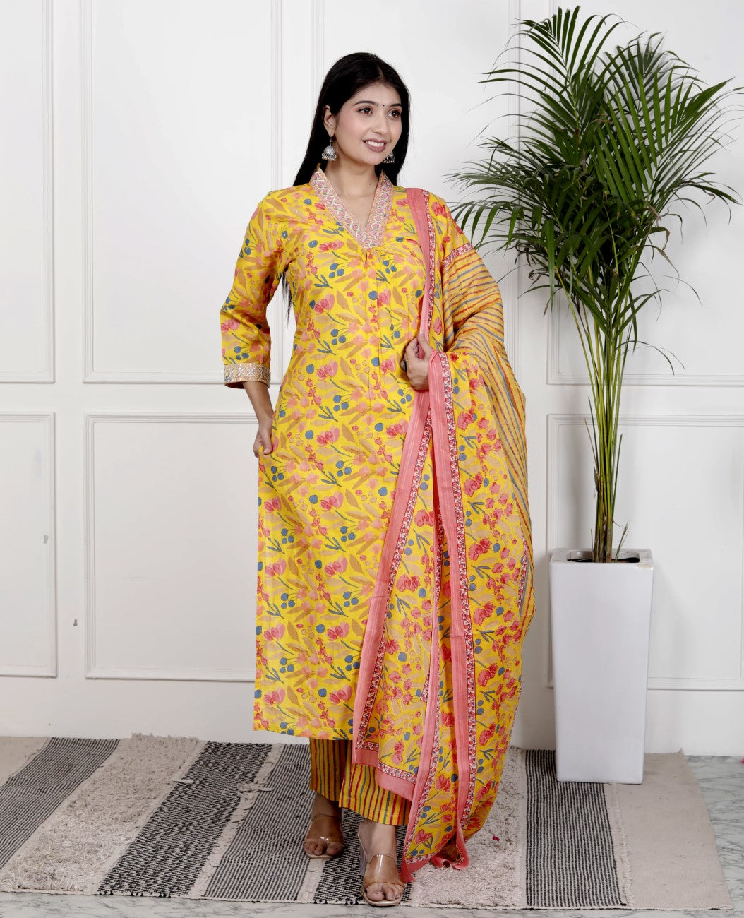 Yellow Cotton Kurta Pant Set with Dupatta-800078
