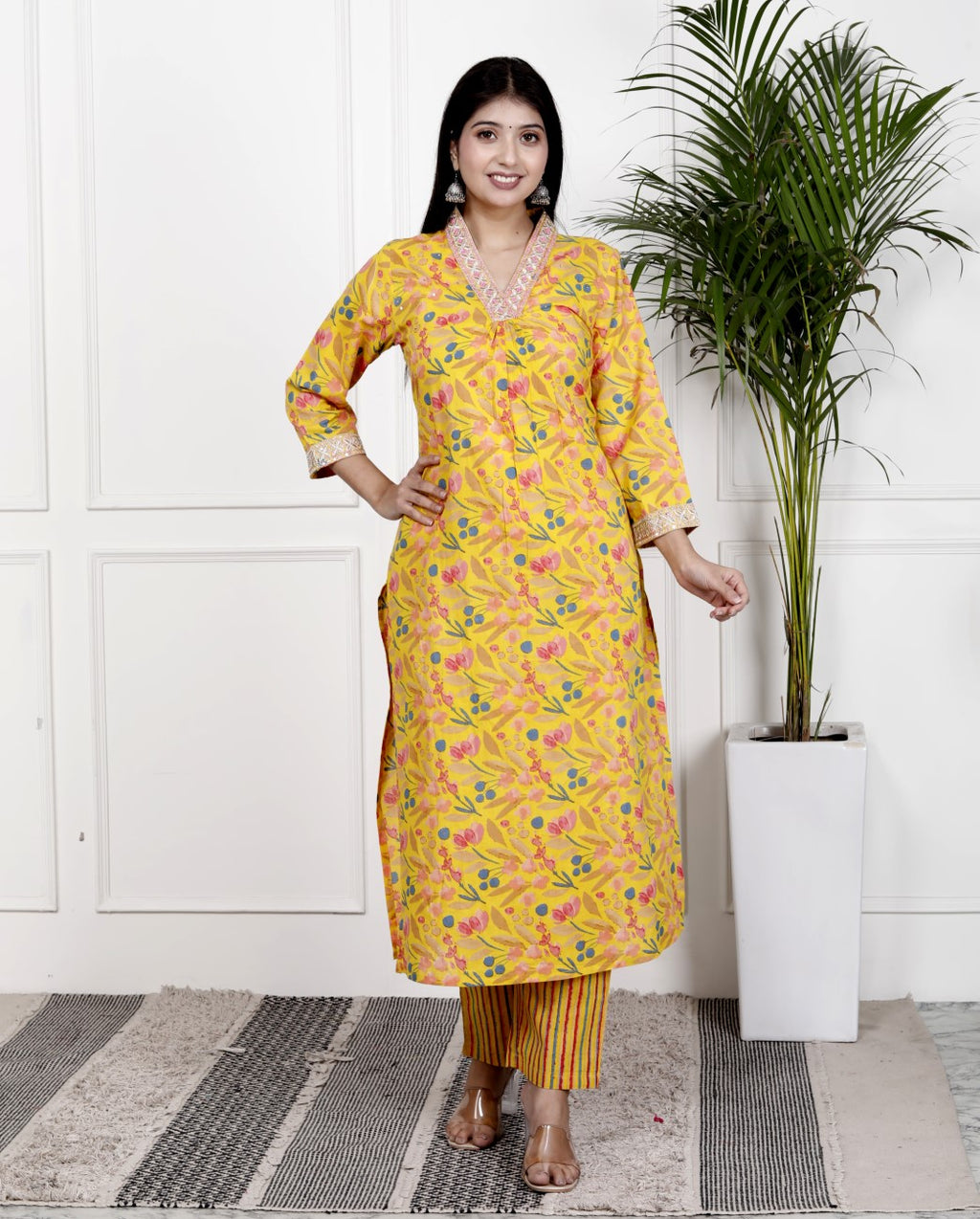 Yellow Cotton Kurta Pant Set with Dupatta-800078