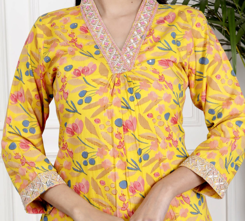 Yellow Cotton Kurta Pant Set with Dupatta-800078