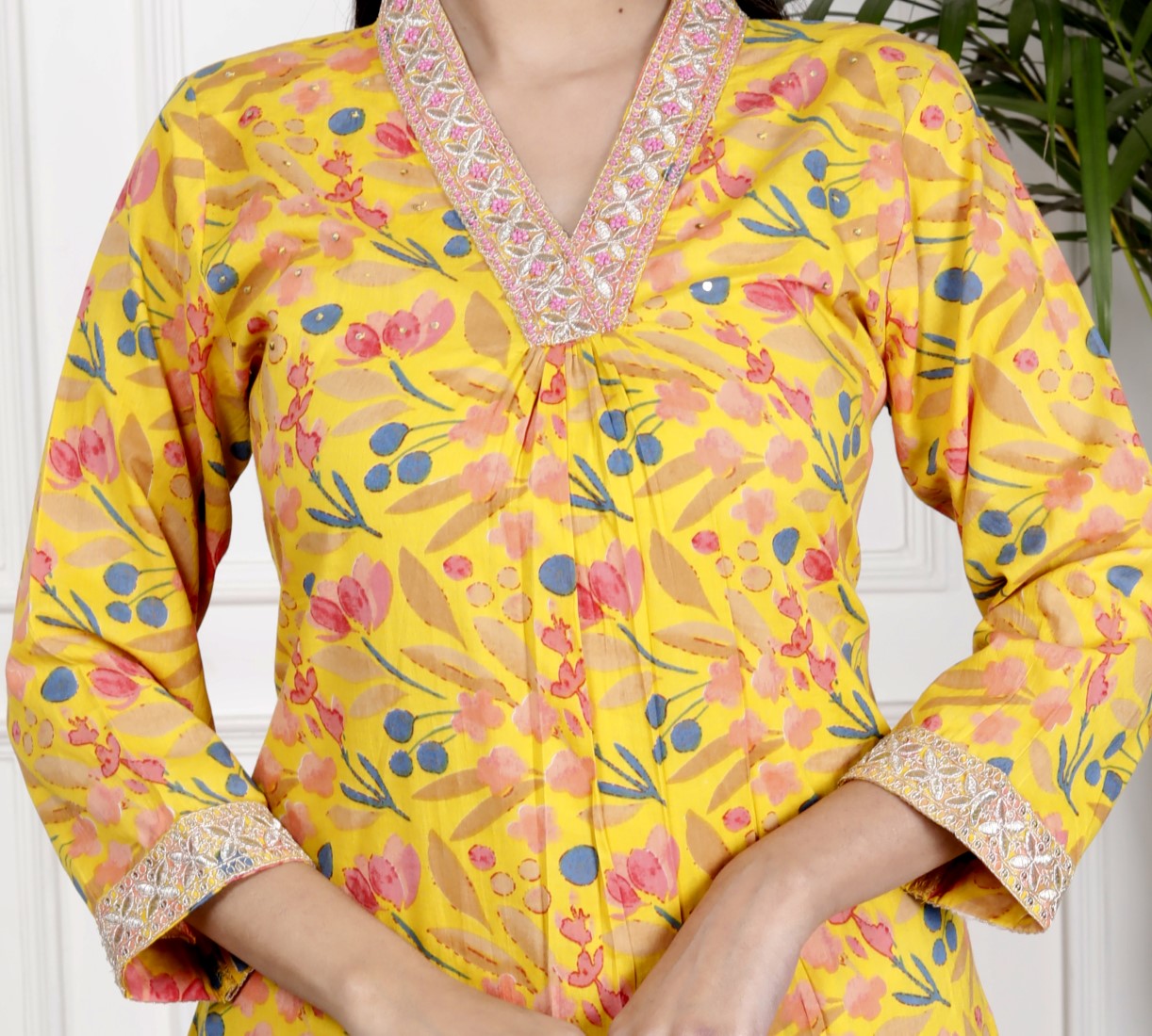 Yellow Cotton Kurta Pant Set with Dupatta-800078