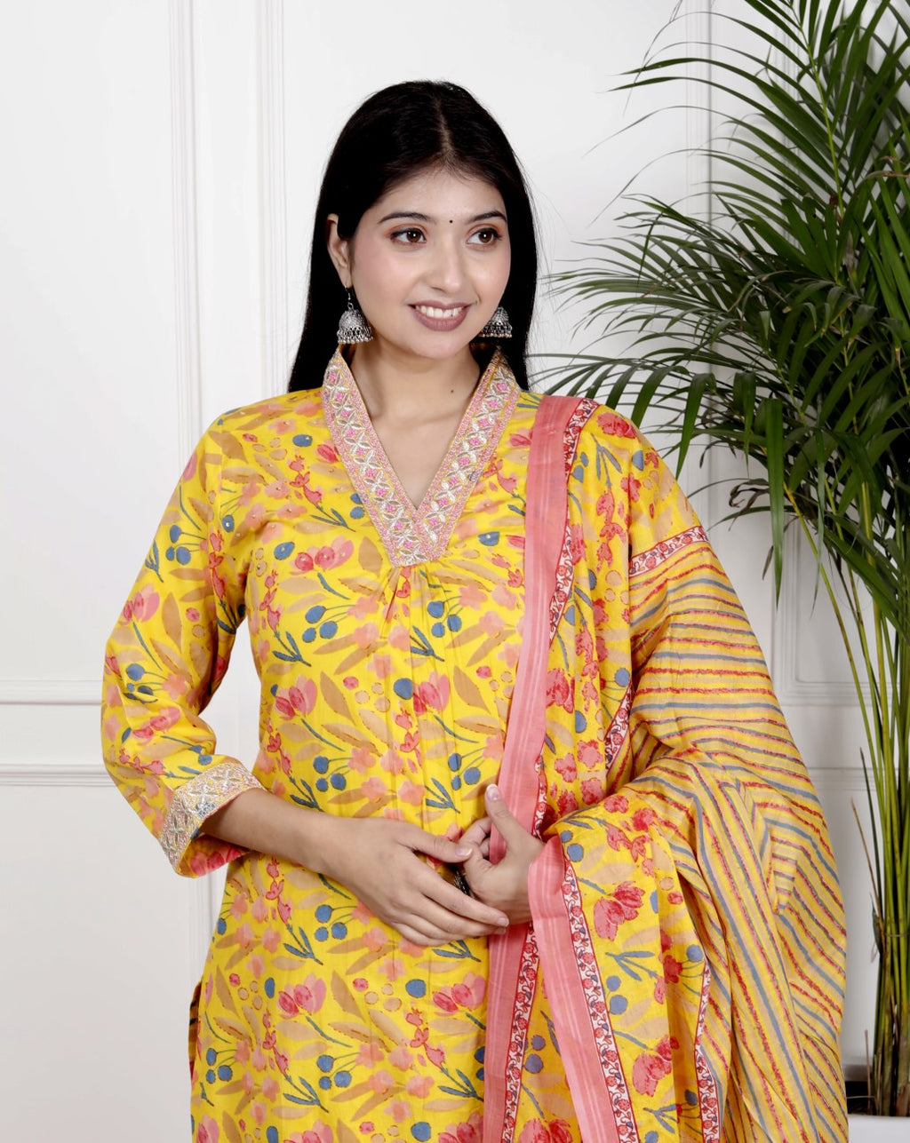 Yellow Cotton Kurta Pant Set with Dupatta-800078