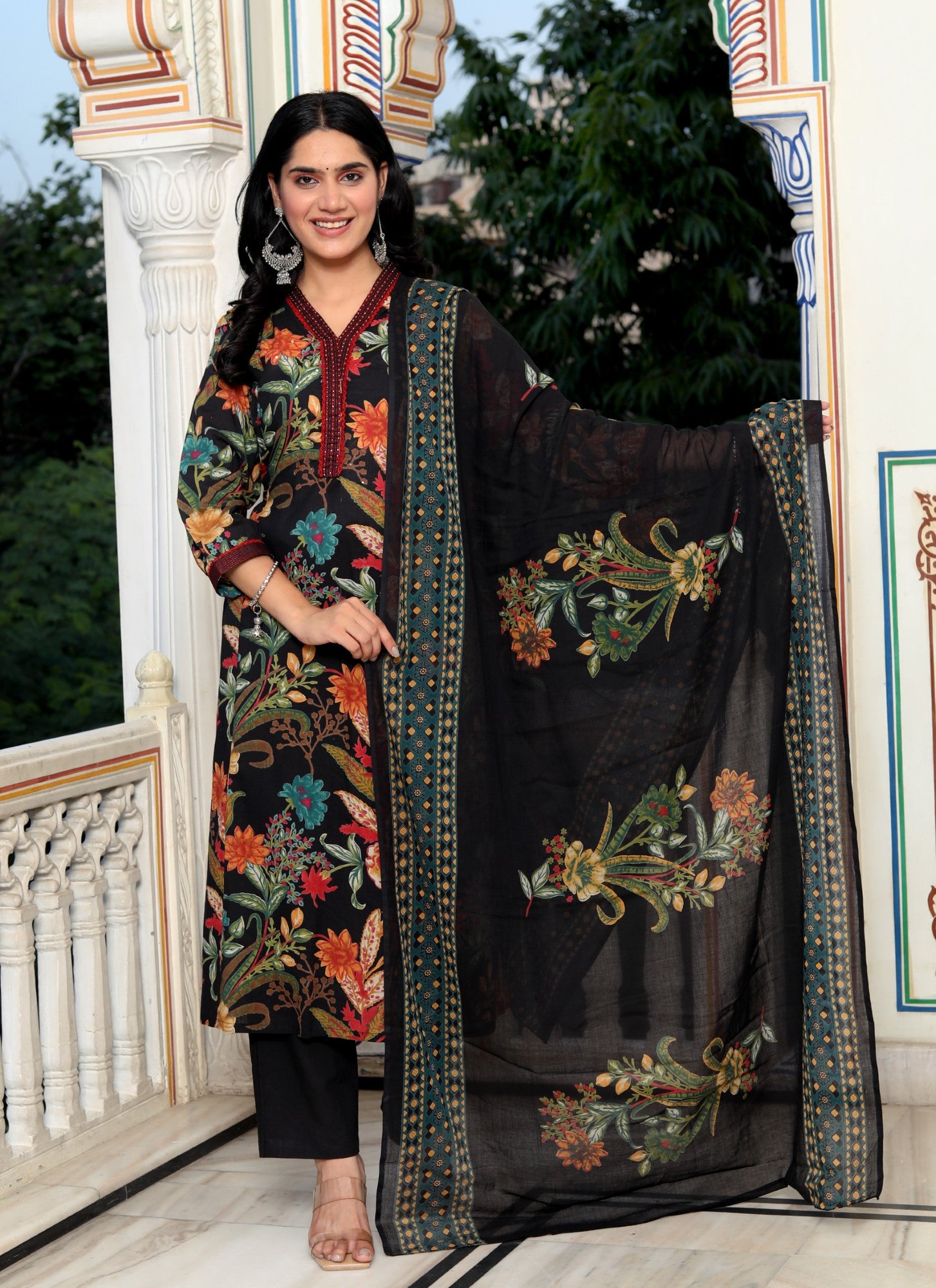 Black Cotton Kurta Pant Set with Dupatta-800079