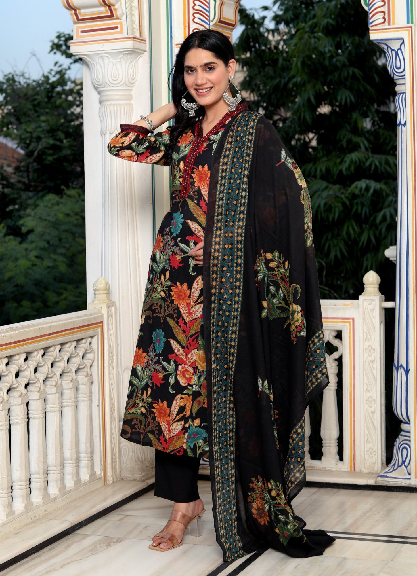 Black Cotton Kurta Pant Set with Dupatta-800079