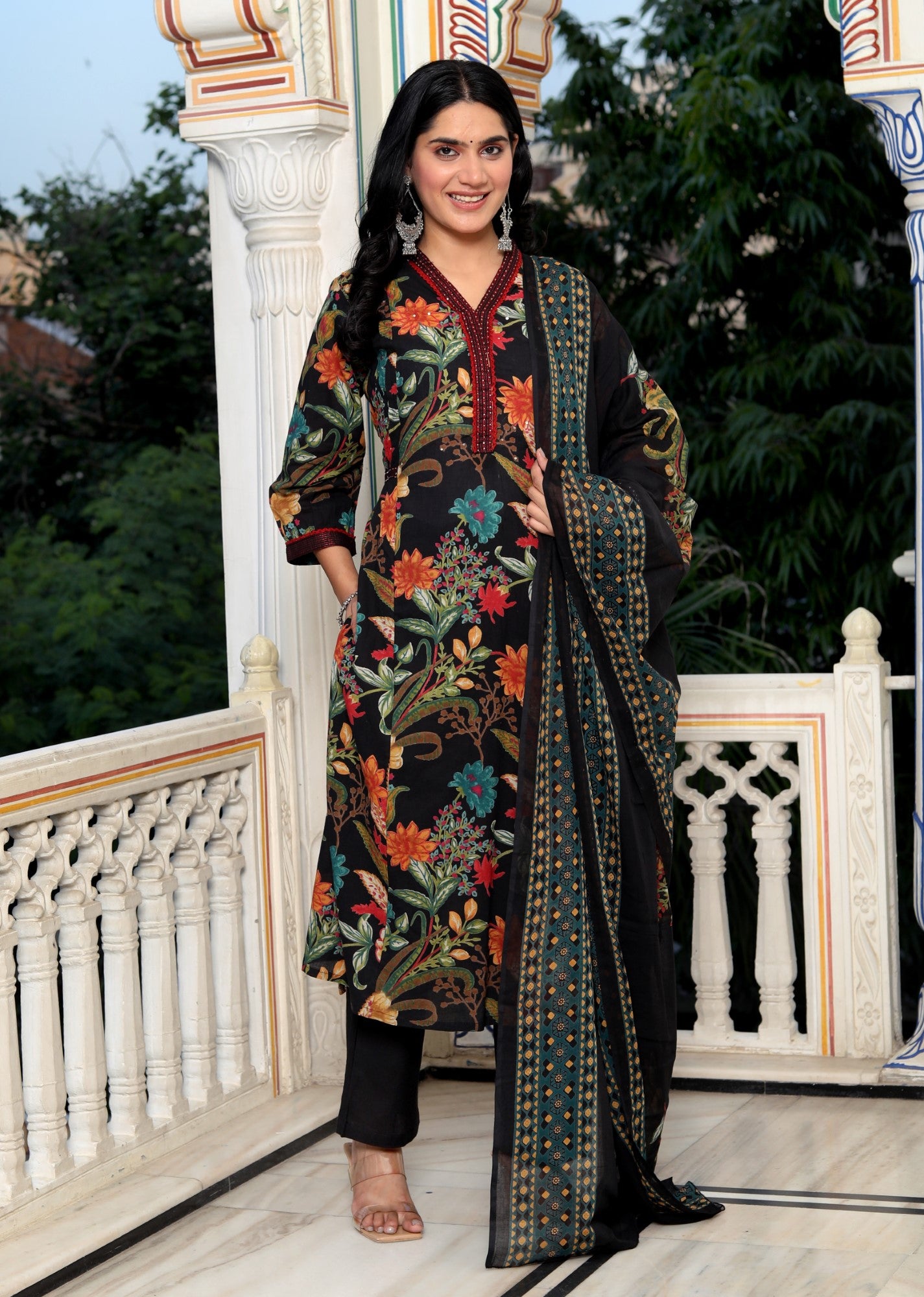 Black Cotton Kurta Pant Set with Dupatta-800079