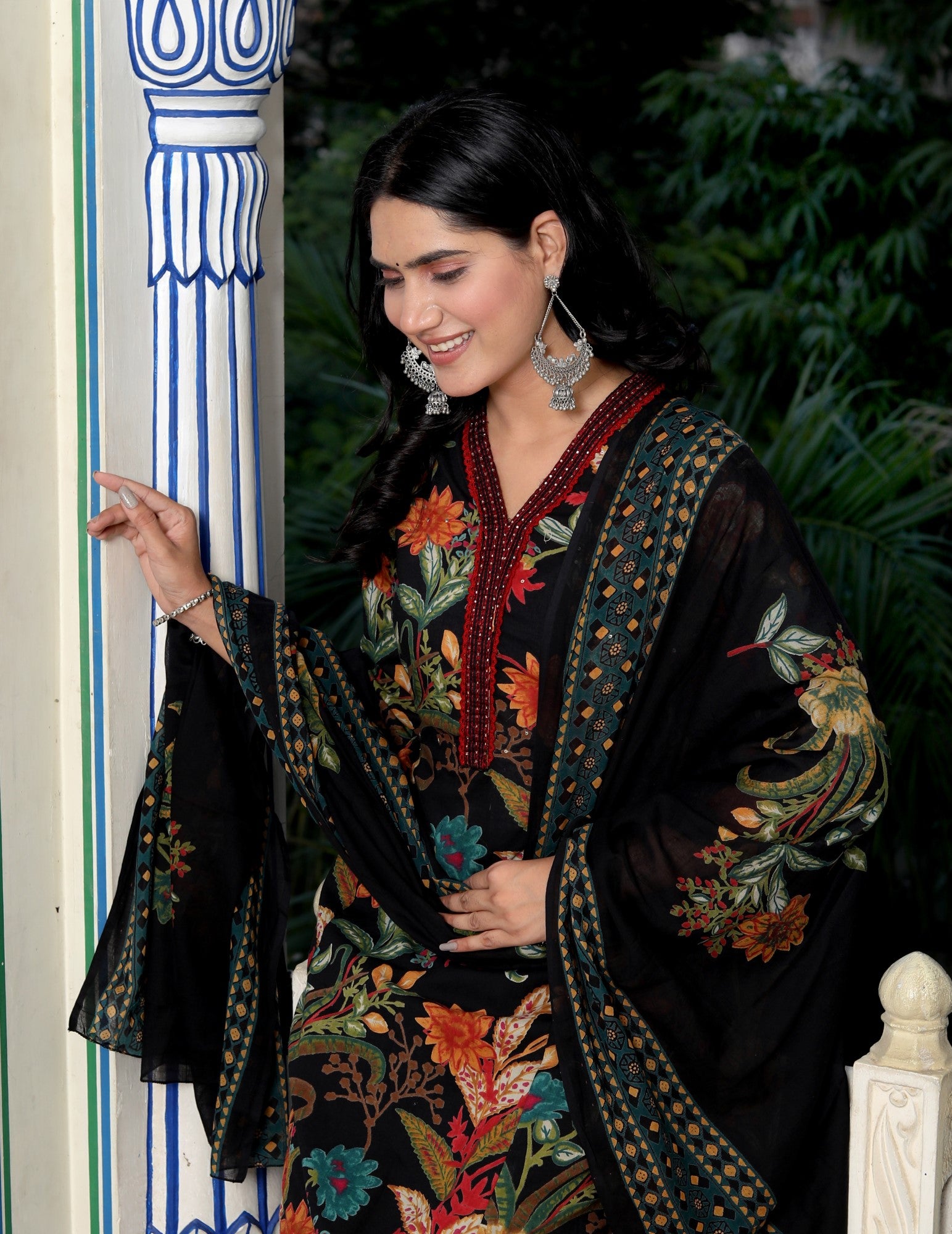 Black Cotton Kurta Pant Set with Dupatta-800079