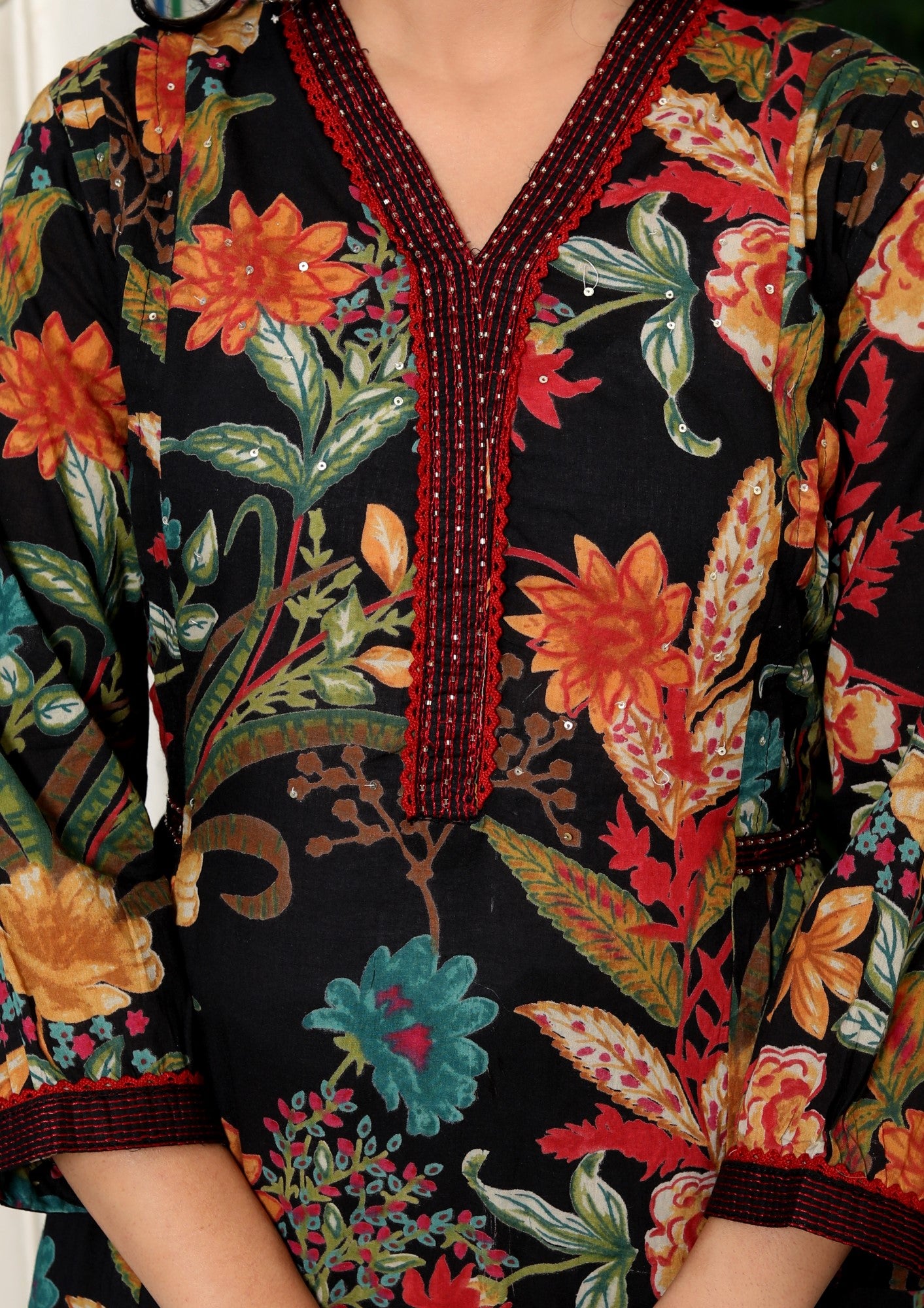 Black Cotton Kurta Pant Set with Dupatta-800079