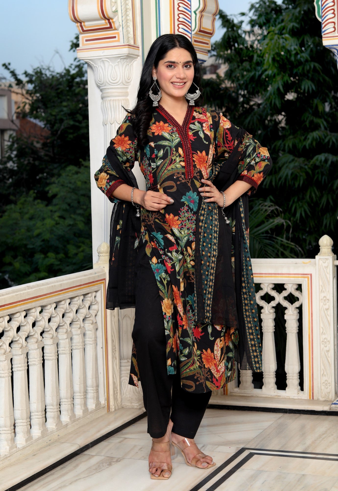 Black Cotton Kurta Pant Set with Dupatta-800079