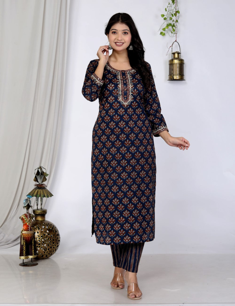 Blue Cotton Kurta Pant Set with Dupatta-800081