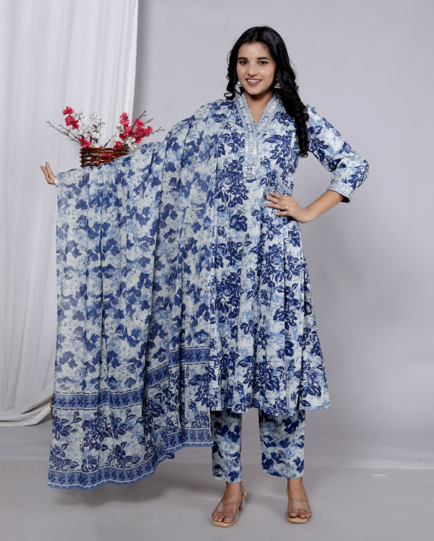 Blue Cotton Kurta Pant Set with Dupatta-800083