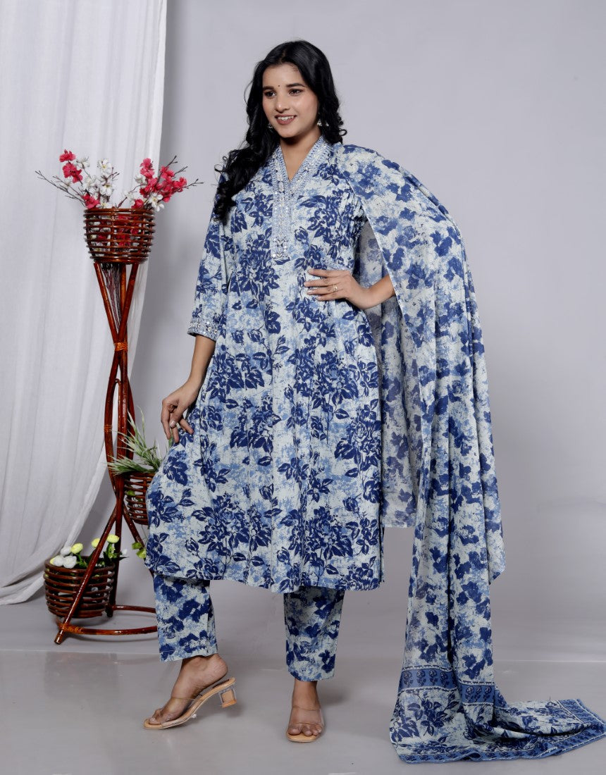 Blue Cotton Kurta Pant Set with Dupatta-800083