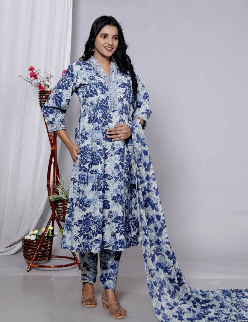 Blue Cotton Kurta Pant Set with Dupatta-800083