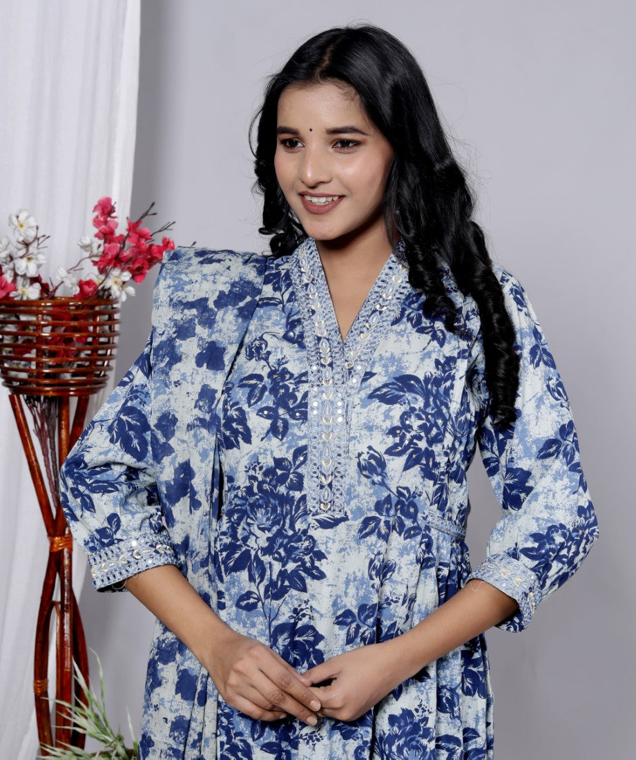 Blue Cotton Kurta Pant Set with Dupatta-800083