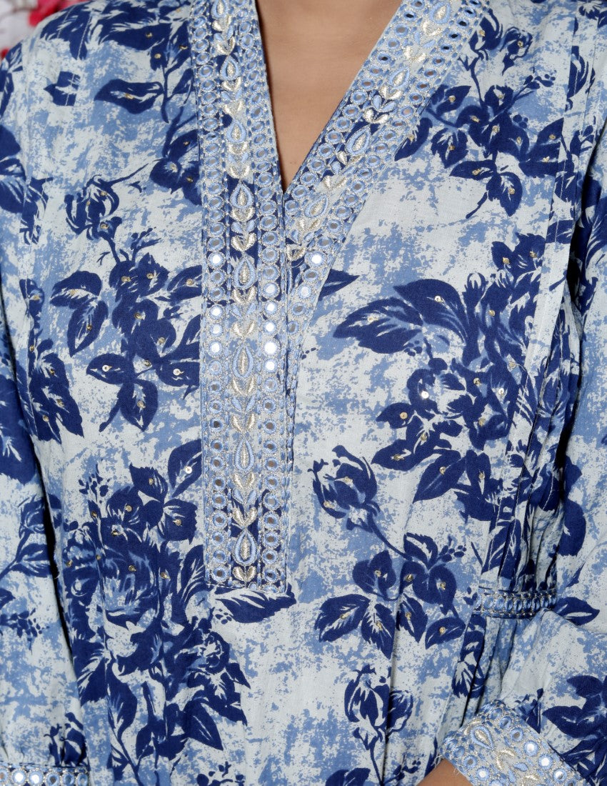 Blue Cotton Kurta Pant Set with Dupatta-800083