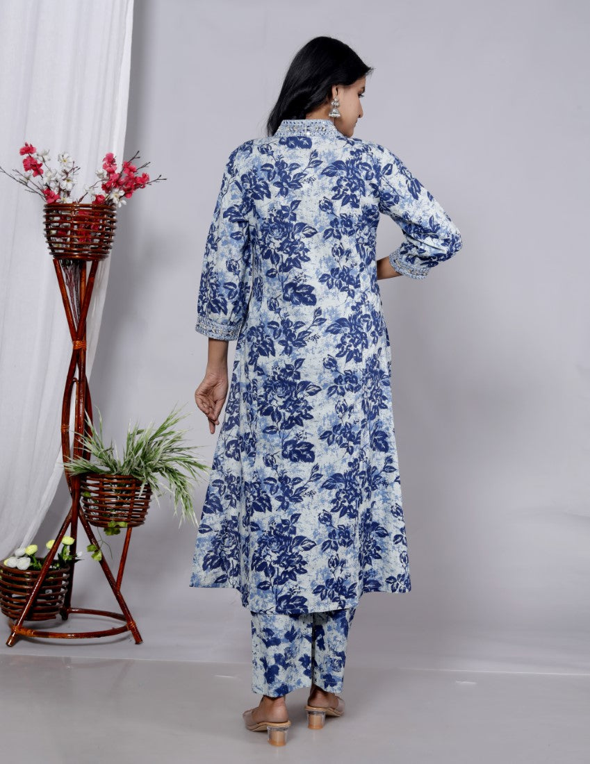 Blue Cotton Kurta Pant Set with Dupatta-800083