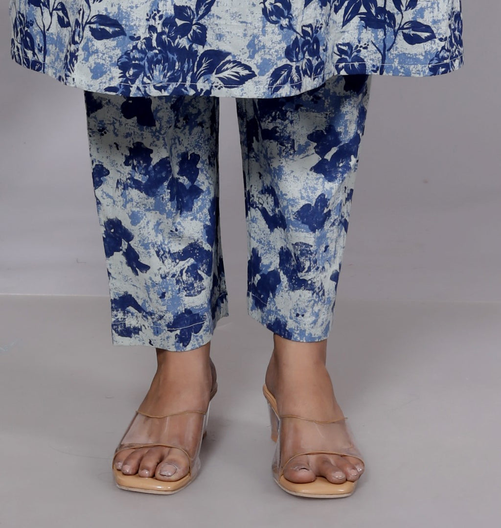 Blue Cotton Kurta Pant Set with Dupatta-800083