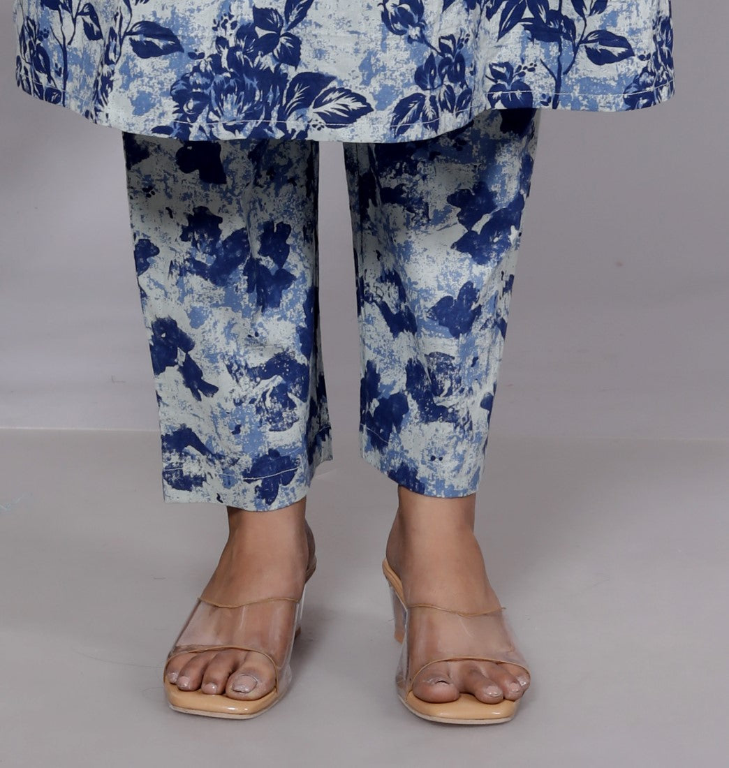 Blue Cotton Kurta Pant Set with Dupatta-800083