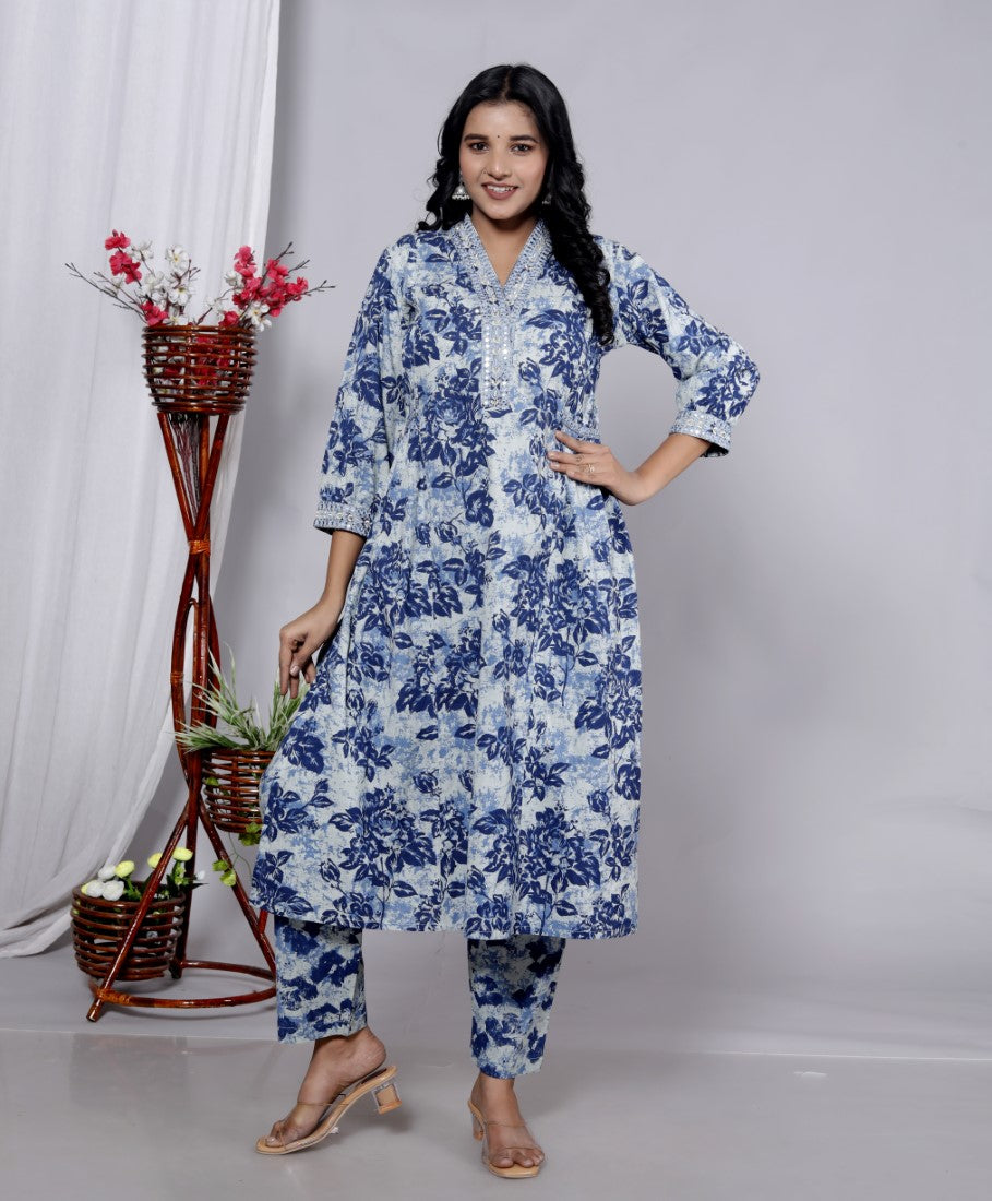 Blue Cotton Kurta Pant Set with Dupatta-800083