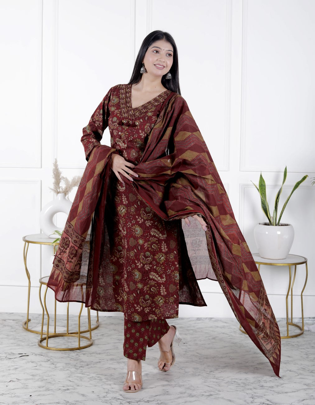 Maroon Cotton Kurta Pant Set with Dupatta-800087