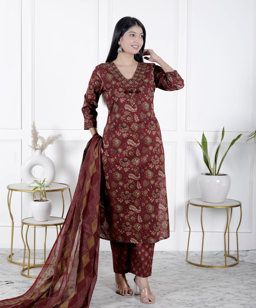 Maroon Cotton Kurta Pant Set with Dupatta-800087
